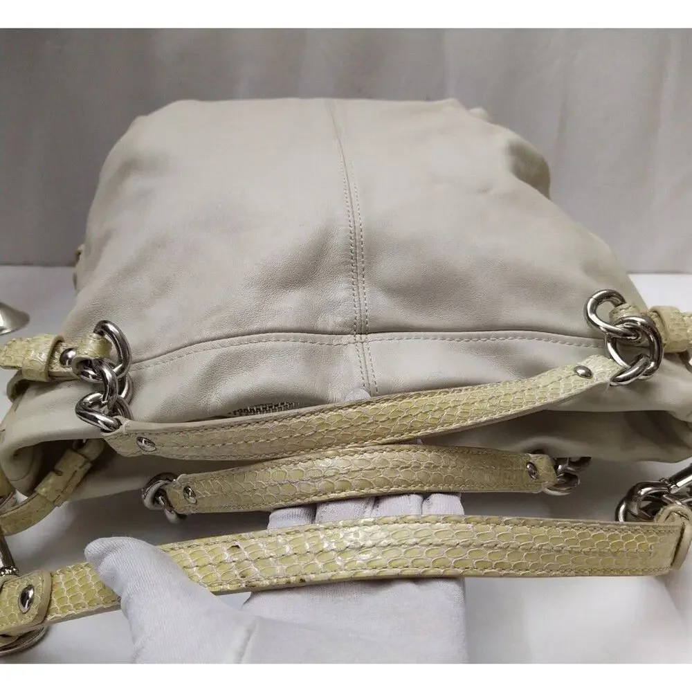 Coach Ivory Soft Leather Snakeskin Detail Zipper Hobo Shoulder Bag